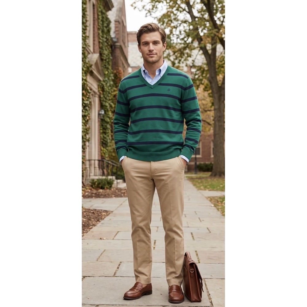Brooks Brothers Size Large Green Navy Striped V Neck Merino Wool Sweater.